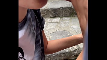 Tall skinny teen brunette flashes natural tits in public risky deepthroat blow job and sloppy doggy style sex