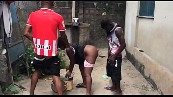 Two brothers fuck their stepmother by the well side