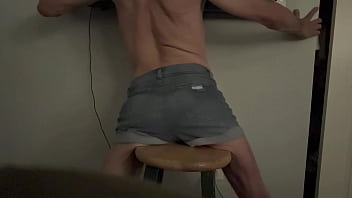 Short version in wife’s denim shorts grinding butt groin and bulge on stool