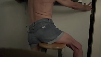 Short version in wife’s denim shorts grinding butt groin and bulge on stool