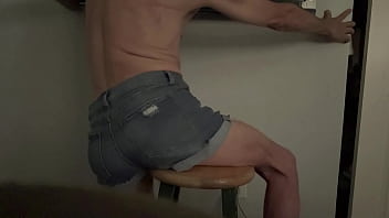 Short version in wife’s denim shorts grinding butt groin and bulge on stool