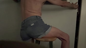 Short version in wife’s denim shorts grinding butt groin and bulge on stool