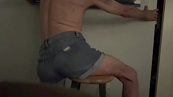 Short version in wife’s denim shorts grinding butt groin and bulge on stool