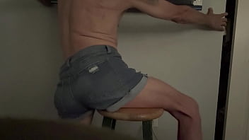Short version in wife’s denim shorts grinding butt groin and bulge on stool