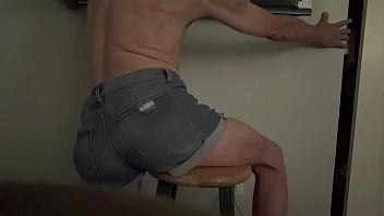 Short version in wife’s denim shorts grinding butt groin and bulge on stool