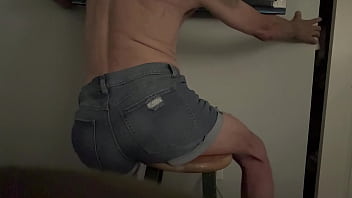Short version in wife’s denim shorts grinding butt groin and bulge on stool
