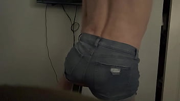 Short version in wife’s denim shorts grinding butt groin and bulge on stool