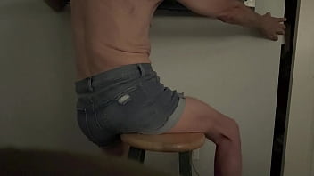 Short version in wife’s denim shorts grinding butt groin and bulge on stool