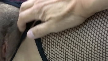 I get excited watching my stepson's big cock jerking off while looking at my hairy pussy