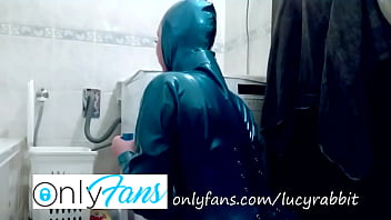 Let's wash laundry dressed in blue latex catsuit