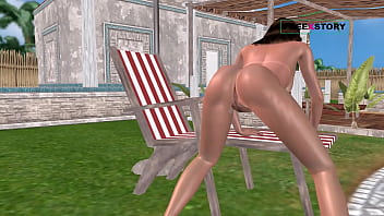 An animated 3d cartoon porn video a cute girl standing on doggy style masturbating using bottle near swimming pool