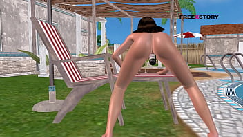 An animated 3d cartoon porn video a cute girl standing on doggy style masturbating using bottle near swimming pool