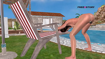 An animated 3d cartoon porn video a cute girl standing on doggy style masturbating using bottle near swimming pool