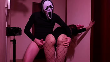 Excited masked amateur couple fucks in front of a mirror on halloween eve fetish role playing games