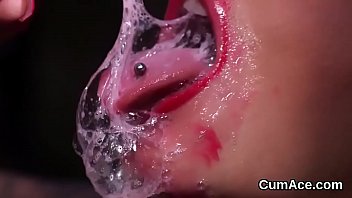 Nasty sex kitten gets cum shot on her face eating all the sperm