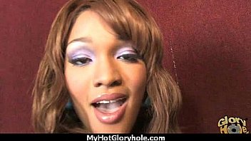 Ebony slut fucks a white gloryhole cock in her first interracial scene 21
