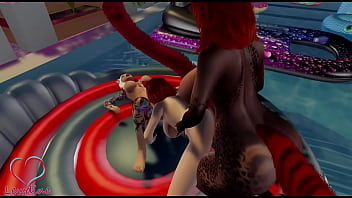 3 neko girls having fun in a pool causing some large waves