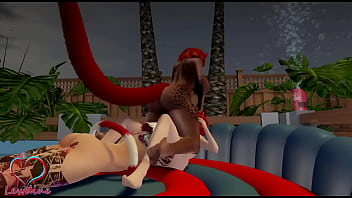 3 neko girls having fun in a pool causing some large waves