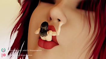 Redhead swallows tiny woman