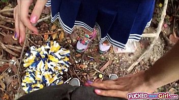 Cheerleading teen tiff banister screwed up and facialed