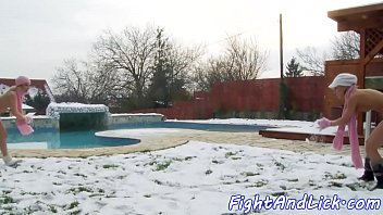 Snowball fighting lesbians fingering pussies