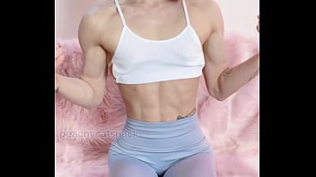 Nerdy cute and petite asian muscle girl flexes in workout leggings Nerdy cute and petite asian muscle girl flexes in workout leggings