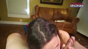 Horny brunette milf julia fingers her pussy and deepthroats a cock