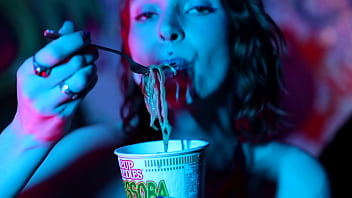 Sexy feet crushing cup noodles