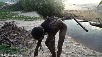Skinny african tribe girl cooking medecin for her grandmother naked in forrest