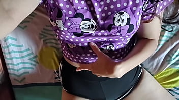 Cute girl in pajamas touches her ass and cums on her stepdad's bed