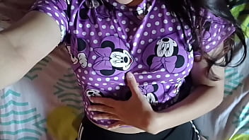 Cute girl in pajamas touches her ass and cums on her stepdad's bed