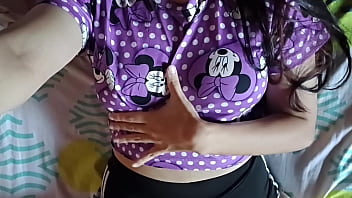 Cute girl in pajamas touches her ass and cums on her stepdad's bed