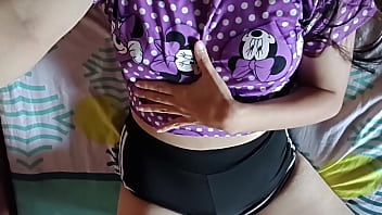 Cute girl in pajamas touches her ass and cums on her stepdad's bed