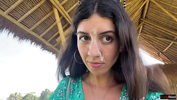 Public cumwalk in cafe eating pasta carbonara with sperm on face