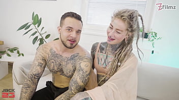 Fully tattooed girl gets all her holes pounded by a huge cock and gets cum in her anal gape double penetration