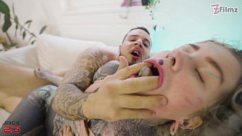 Fully tattooed girl gets all her holes pounded by a huge cock and gets cum in her anal gape double penetration
