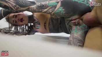 Fully tattooed girl gets all her holes pounded by a huge cock and gets cum in her anal gape double penetration
