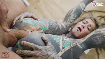 Fully tattooed girl gets all her holes pounded by a huge cock and gets cum in her anal gape double penetration