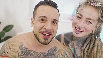 Fully tattooed girl gets all her holes pounded by a huge cock and gets cum in her anal gape double penetration