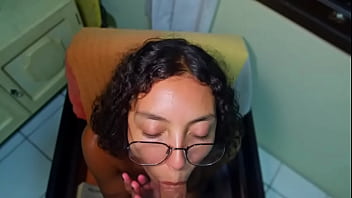 Big eyes blowjob with glasses and cum skin care