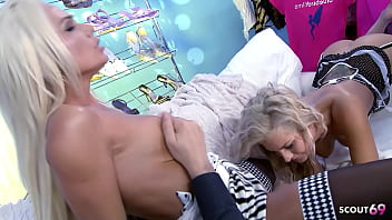 Two fit blonde girls with big natural saggy tits in lingerie get rough ffm threesome fuck by older guy with fat cock