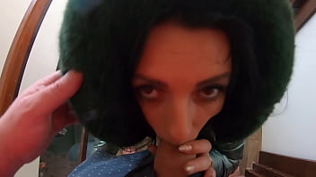 Slutty mature orgasm – blowjob & cum on green shiny downjacket preview