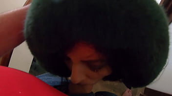 Slutty mature orgasm – blowjob & cum on green shiny downjacket preview