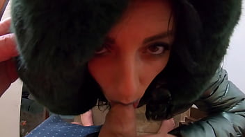 Slutty mature orgasm – blowjob & cum on green shiny downjacket preview