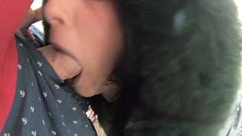 Slutty mature orgasm – blowjob & cum on green shiny downjacket preview