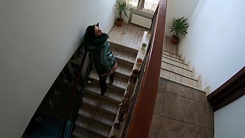 Slutty mature orgasm – blowjob & cum on green shiny downjacket preview