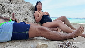 On a public beach with a horny curvy stepmom