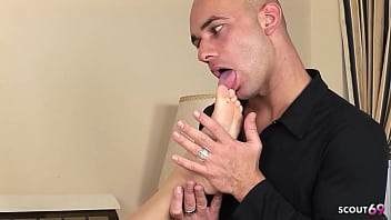Fat cock guy with foot fetish fuck flexible blonde girl deep and hard before cum on her feets