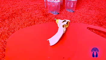 Italian feet steps on creamy banana