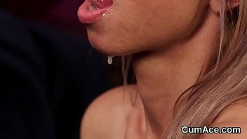 Slutty peach gets cum load on her face eating all the spunk